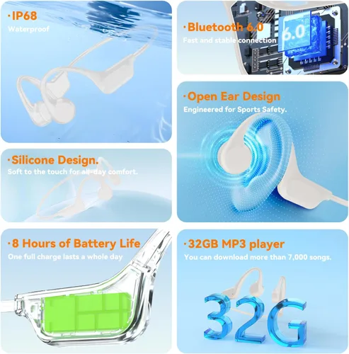 Miniatura 9 de Auriculares de natación impermeables IP68, auriculares Bluetooth 6.0 de conducción ósea, reproductor MP3 integrado de 32 GB, diseño suave y ligero