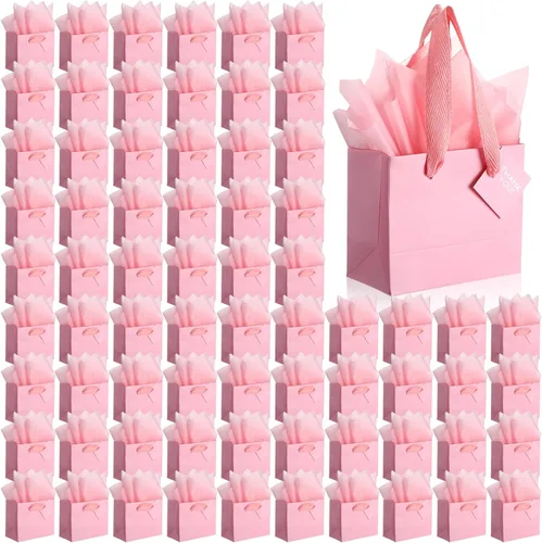 Miniatura 8 de Qilery 50 bolsas de regalo de papel de boda a granel con papel de seda, pequeñas bolsas de regalo con asa y etiquetas para cumpleaños, bodas