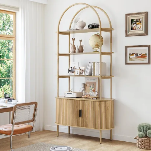 Miniatura 8 de Estantería arqueada acanalada de 71 pulgadas de alto con puertas correderas de tambor, mueble estantería curvo de metal moderno de mediados de siglo