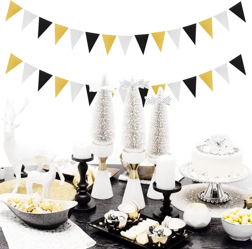 Miniatura 5 de Decoraciones de fiesta plateadas, negras y doradas, 2 banderines de papel para hombres, cumpleaños, Año Nuevo, jubilación, graduación, aniversario