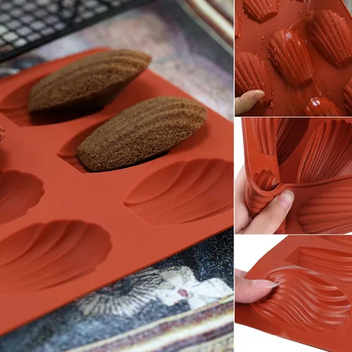 Miniatura 4 de Molde de Madeleine de 9 cavidades, 2 moldes de silicona antiadherentes, molde para hornear pastel con forma de concha (rojo ladrillo)