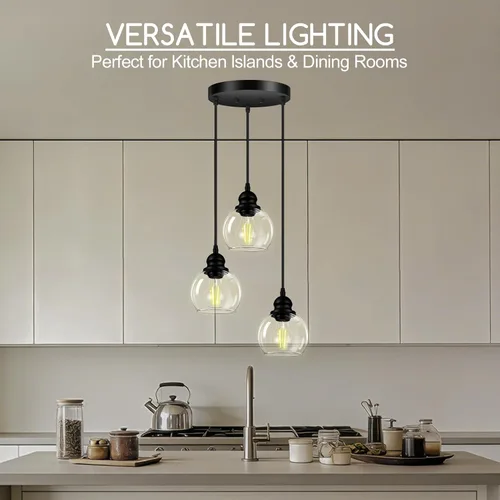 Miniatura 3 de Lámpara colgante de 3 luces, lámpara de techo colgante con pantalla de vidrio transparente, color negro mate, iluminación colgante de altura