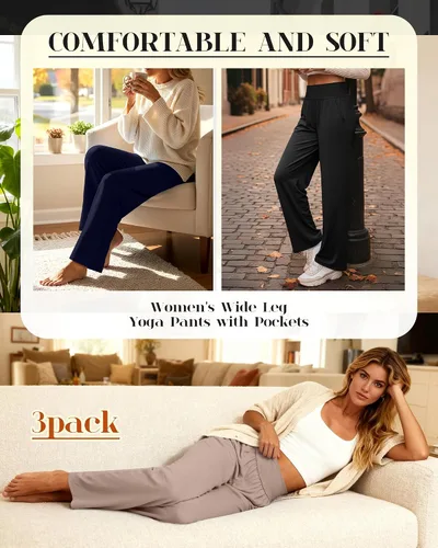 Miniatura 209 de Neer - Conjunto de 3 pantalones de yoga de pierna ancha para mujer - Pantalones deportivos cómodos, holgados, de cintura alta y casuales