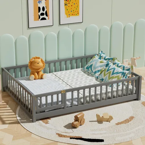 Miniatura 8 de Marco de cama Montessori de madera de tamaño individual con listones de madera, valla y puerta para niños, niñas y niños, espresso