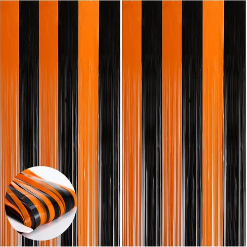 Abien Cortinas de flecos de aluminio naranja y negro, serpentinas para fiesta de Halloween, suministros de fiesta para fiesta de Halloween, fiesta