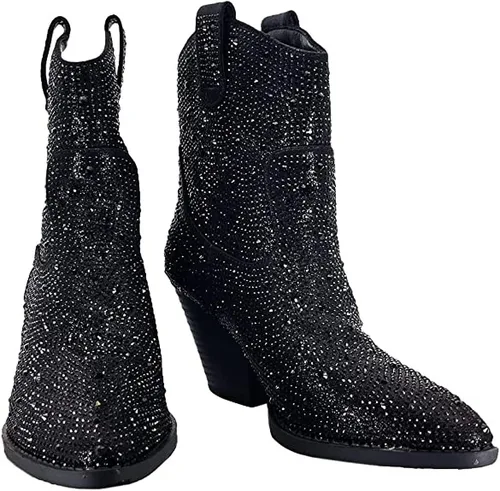 Miniatura 8 de Botines cortos hasta la rodilla con tacón de bloque de diamantes de imitación para mujer