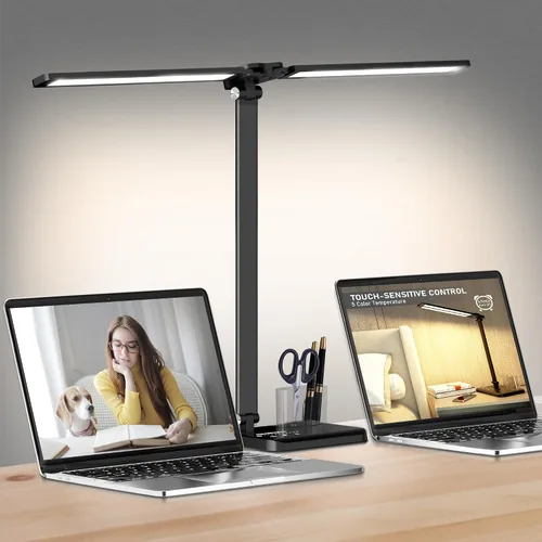 Miniatura 7 de CHARYJOD Lámpara de escritorio LED retráctil regulable con puerto de carga USB, 50 modos de iluminación, brazo doble oscilante, arquitecto, lámpara