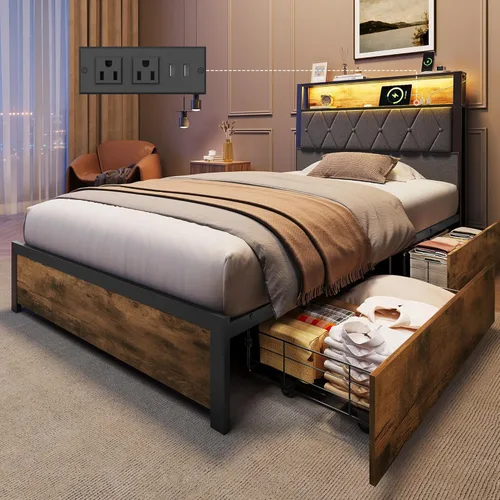 Miniatura 11 de WLIVE Base de cama individual con cabecero, base de cama tapizada con 2 estantes de almacenamiento, cama de plataforma con luces LED y estación