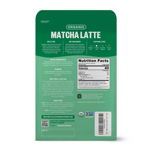 Miniatura 3 de FGO Té matcha latte en polvo, orgánico, bolsa a granel que se puede volver a cerrar, de 16 oz, matcha japonés con azúcar de caña orgánica