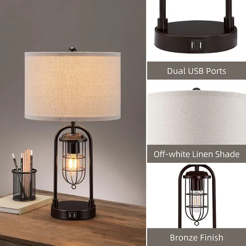 Miniatura 5 de Juego de 2 lámparas de mesa de granja con puertos USB y luz nocturna, lámpara moderna para mesita de noche para sala de estar y dormitorio