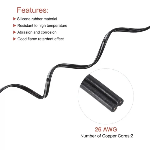 Miniatura 3 de MECCANIXITY Cable de cinta de silicona de 26 AWG, 2 pines, calibre 26, cable plano de silicona flexible, alambre de cobre estañado trenzado negro