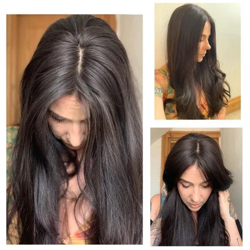 Miniatura 2 de 150 % de densidad, base de seda, cabello humano virgen, 4.7 x 5.1 in, clip en el cabello, tupé europeo de la misma longitud con flequillo de 5 x 5