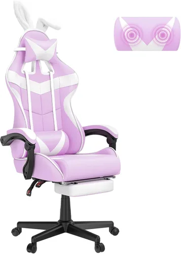 Miniatura 21 de Soontrans Silla de juegos azul claro con reposapiés, bonita silla de videojuegos de conejo, silla de escritorio Kawaii para nieta, hermana, novia