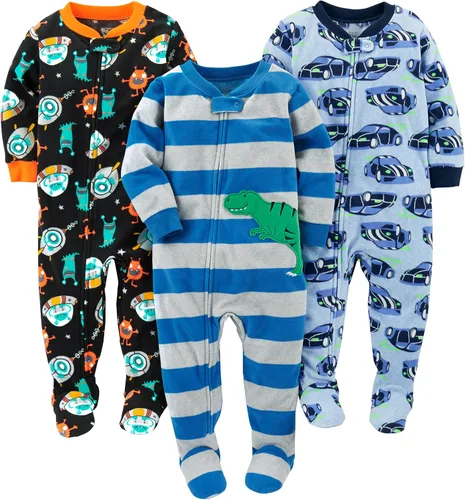 Simple Joys by Carter's - Pijama de forro de vellón resistente al fuego para niños pequeños y bebés, holgada, con pies, paquete de 3