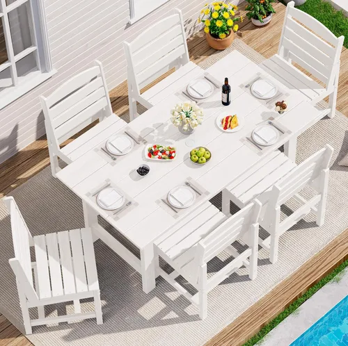 Miniatura 19 de SERWALL Juego de Mesa de Comedor de HDPE para Exteriores, Juego de 7 Piezas de Mesa de Comedor al Aire Libre con Mesa con Corte para Agujero de Gris
