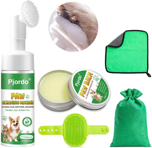 Pjordo Limpiador de patas de perro, limpiador de patas de mascotas sin enjuague para perros, repara patas secas y agrietadas, kit protector para el