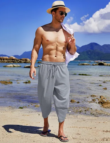 Miniatura 2 de COOFANDY Pantalones capri harén de lino para hombre, ligeros, sueltos, 34, con cordón elástico, cintura elástica, pantalones casuales para yoga