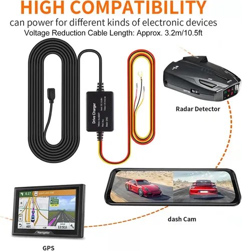 Miniatura 2 de Acouto Kit de cable rígido para cámara de salpicadero, cable de alimentación de 12 V a 28 V a 5 V, adaptador USB, sobrecalentamiento para cámara