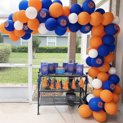 Miniatura 2 de Kit de guirnalda de globos para fiesta de la guerra de dardos, paquete de 113 globos azules, naranjas y negros, letrero para niños, baby shower