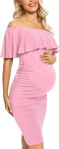 Miniatura 4 de AONESX Vestido de maternidad ajustado con volantes y hombros descubiertos, vestido de embarazo formal para baby showerfotografía