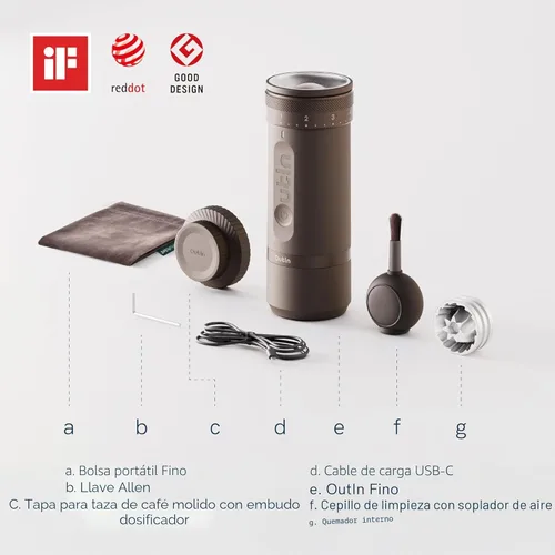 Miniatura 2 de OutIn Fino - Molinillo de café eléctrico portátil, molinillo de granos de café ajustable con 28 ajustes de molienda precisos, molinillo de café