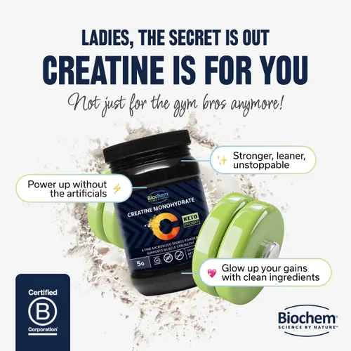 Miniatura 6 de Biochem Monohidrato de creatina micronizada en polvo – Fuerza muscular y apoyo de resistencia – Fórmula limpia y vegana – Certificado sin gluten