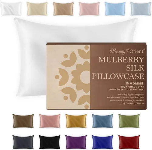 Beauty of Orient. Funda de almohada 100 % de seda pura de morera para cabello y piel. 19 Momme ambos lados, cierre oculto. Funda de almohada Blanco