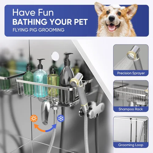 Miniatura 5 de Flying Pig Grooming bañera profesional de acero inoxidable para aseo de mascotas, bañera con grifo, rampa y accesorios, 50 pulgadas.