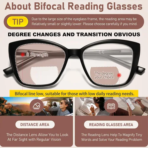 Miniatura 4 de Gafas de lectura bifocales para mujer, ojo de gato, de gran tamaño, bloqueo de luz azul, para lectores de computadora, gafas de diseñador Bifocales