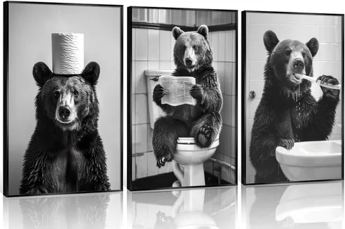 Divertido lienzo de oso negro para baño, arte de pared moderno en blanco y negro, imágenes de adorable oso con impresiones de papel higiénico, obras