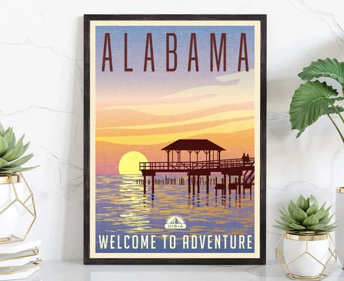 Póster de viaje de estilo retro, Alabama, impresión de póster rústico vintage, decoración de pared de oficina en casa, mapa del estado de Alabama,
