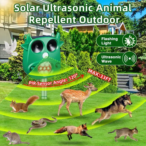 Miniatura 2 de Repelente solar ultrasónico de animales para exteriores, repelente de ciervos con detección de movimiento, luces intermitentes, repelente de gatos