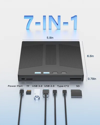 Miniatura 3 de Soporte 7 en 1 disco 100G R/W para PC Blu Ray Drive, USB 3.0 y Tipo-C Bluray Burner externo y lector de tarjetas SD/TF, unidad Bluray externa