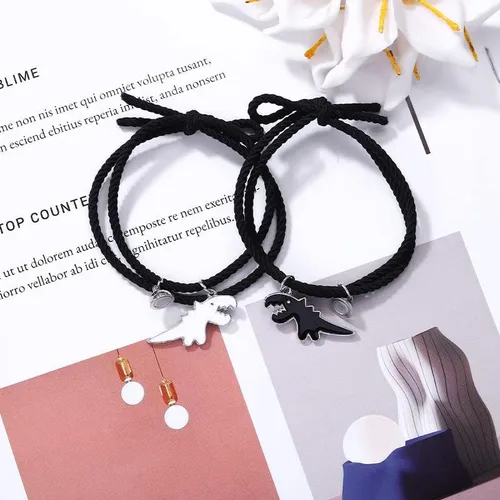 Miniatura 4 de Juego de 2 pulseras magnéticas de dinosaurio a juego con cuerda trenzada ajustable para mejor amigo, novio, novia, amante, amistad, joyería linda