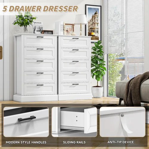 Miniatura 4 de biukpci Cómoda blanca con 5 cajones, almacenamiento vertical para dormitorio, cómoda alta de madera para pasillo, cómoda alta de madera con cajones