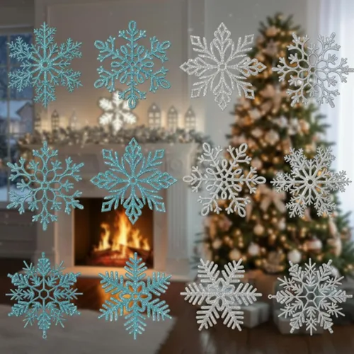 Miniatura 8 de Sratte 24 adornos de copo de nieve grandes de 16 pulgadas, copos de nieve colgantes decorativos con purpurina gigante, 6 diseños de adornos