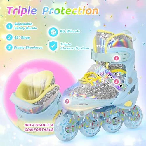 Miniatura 4 de Mammygol Patines en línea para niñas y niños, 4 tamaños ajustables para niñas de 3 a 12 años con ruedas iluminadas y protección de seguridad, regalo