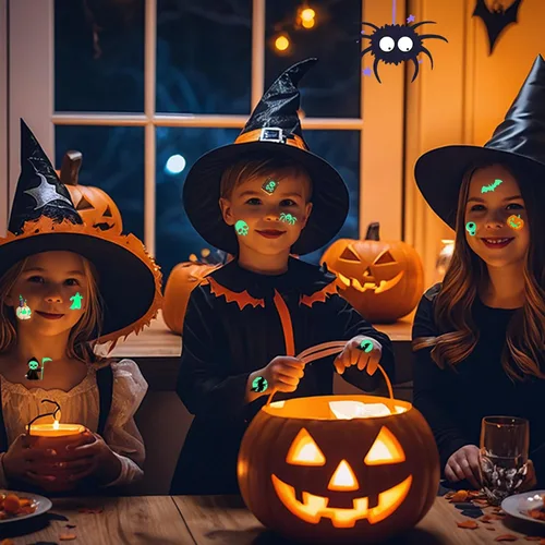 Miniatura 7 de 170 estilos que brillan en la oscuridad tatuajes de Halloween para niños, tatuajes temporales, calcomanías luminosas para niños y niñas, calabaza
