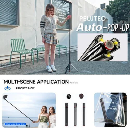 Miniatura 5 de Trípode para selfie de 70 pulgadas, color negro Un clic abierto, trípode de grabación de vídeo, varilla telescópica de aleación de aluminio