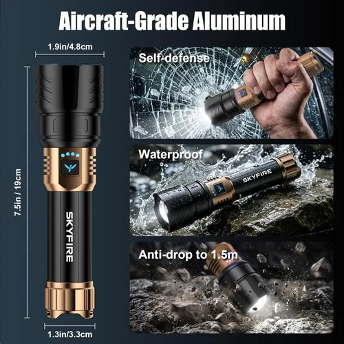 Miniatura 7 de SKYFIRE Linterna con lente de encendido y luz amarilla/azul, linternas recargables superbrillantes de 3000 lm de alto lúmenes, zoomable, linterna