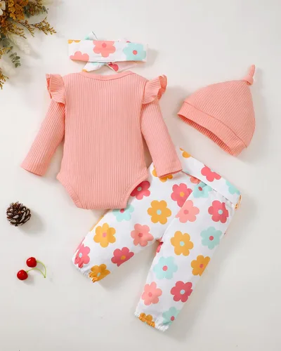 Miniatura 50 de Renotemy Conjunto de ropa para bebé recién nacida, mameluco con volantes, pantalones florales, lindo conjunto de ropa para bebé niña