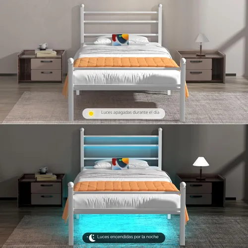Miniatura 7 de J.Fkne Base de cama individual con luces LED y estación de carga, plataforma de metal con cabecero, listones de metal resistentes, no necesita