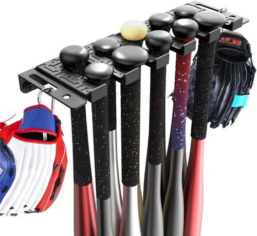veimia Soporte de pared para bates de béisbol, estante de almacenamiento para bates de béisbol, capacidad para 10 murciélagos en pared de madera o
