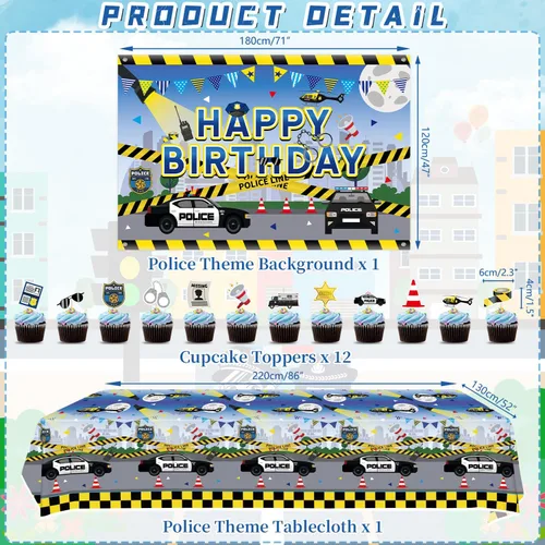 Miniatura 3 de KEFAN Decoraciones de fiesta de cumpleaños de policía, suministros de vajilla para fiestas temáticas de policía, incluyendo telón de fondo de feliz