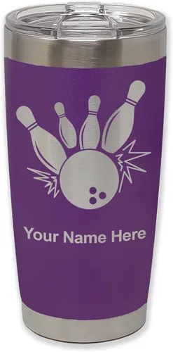 Miniatura 39 de LaserGram Vaso aislado al vacío de 20 onzas, bola de boliche y alfileres, grabado personalizado incluido (negro)