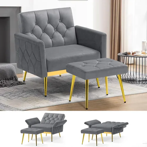 Miniatura 11 de Silla decorativa de terciopelo con reposabrazos y respaldos ajustables, sofá individual copetudo con otomana, silla de lectura tapizada para sala