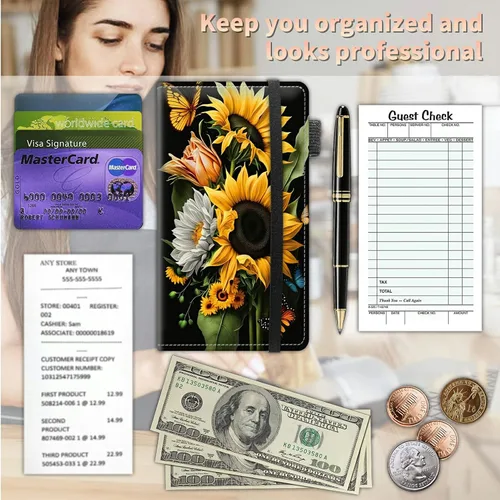 Miniatura 5 de Libretas de alto volumen para camareros, Libro de servidor de girasoles y mariposas con 2 bolsillos expandibles de 9 x 5, linda libreta de camarera