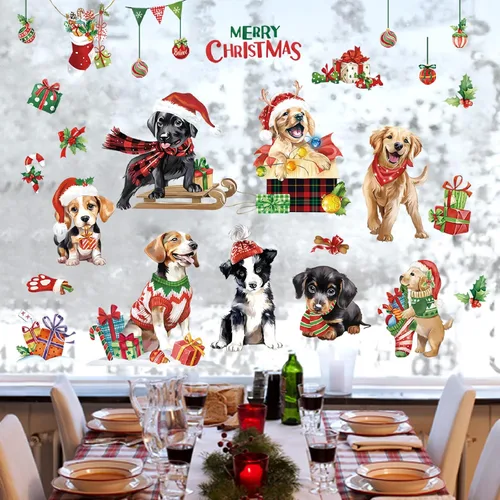 Miniatura 4 de decalmile Adhesivos de ventana de Navidad para perros y cachorros, reutilizables, para mascotas, perros, Navidad, doble cara, impresos, calcomanías