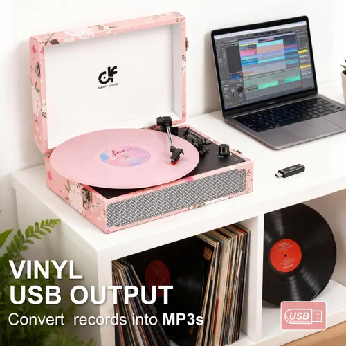 Miniatura 4 de Tocadiscos de vinilo Bluetooth con altavoces integrados, tocadiscos portátil vintage con diseño floral, fonógrafo de vinilo de 3 velocidades