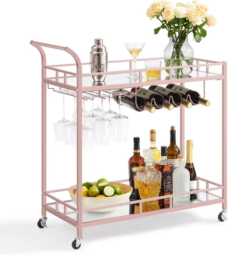 Miniatura 10 de VASAGLE Carrito de bar negro, carrito de servicio para bar en casa, carrito de vino con 2 estantes espejados, soportes para vino, soportes
